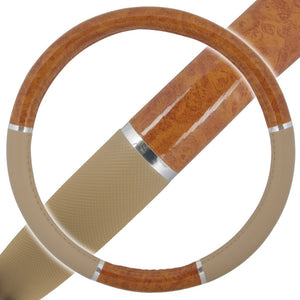 Premium Grain Chrome Stripe Burl Wood Beige Steering Wheel Cover - RealSeatCovers
