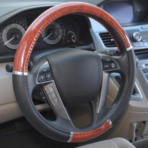 Grain Design Chrome Stripe Dark Wood Black Steering Wheel Cover - RealSeatCovers